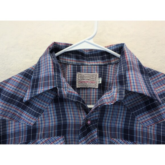 VTG H Bar C 14.5-33 Ranchwear Long Tail Pearl Snap Blue Plaid Shirt Western 70s - Picture 6 of 14